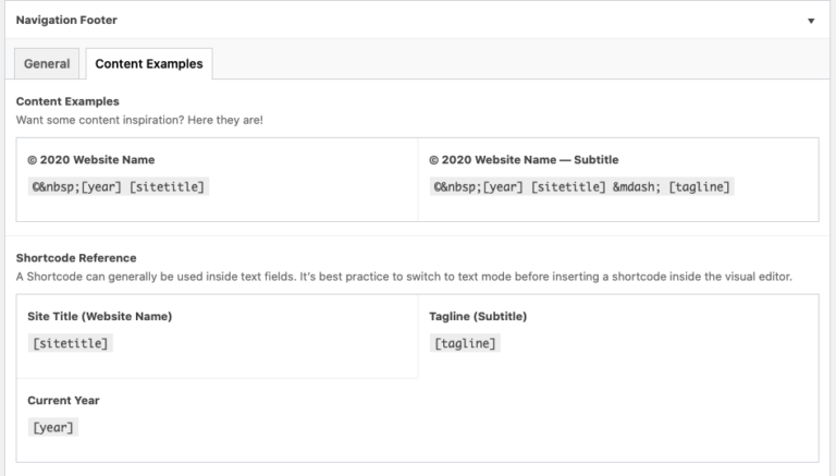 Shortcode reference example in the NavigationFooter options